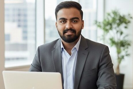 Professional SEO expert and digital marketing specialist working on a laptop in a modern office environment.